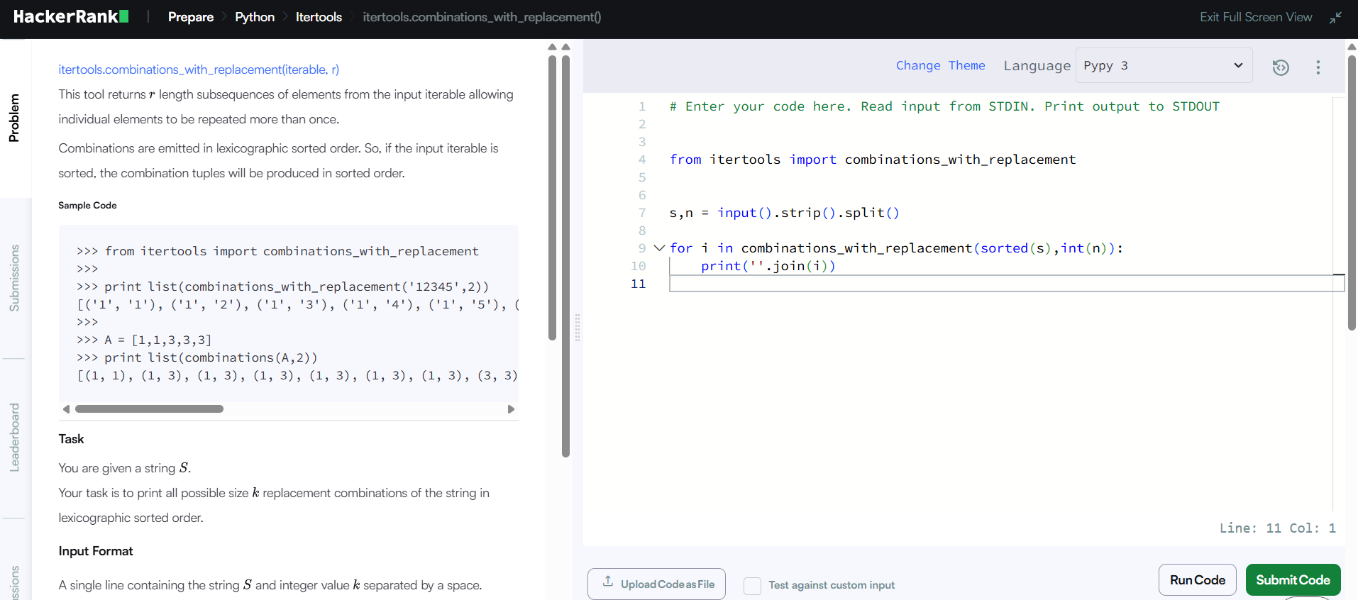 Python itertools combinations_with_replacement  HackerRank example code