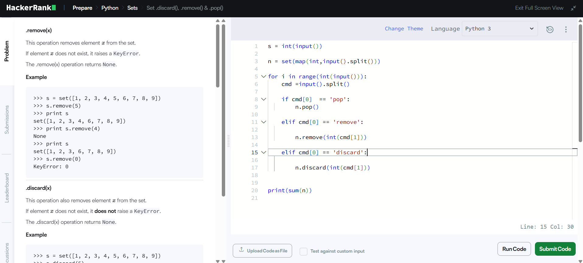 HackerRank Set discard remove pop Solution in Python code example showing pop, remove, and discard methods