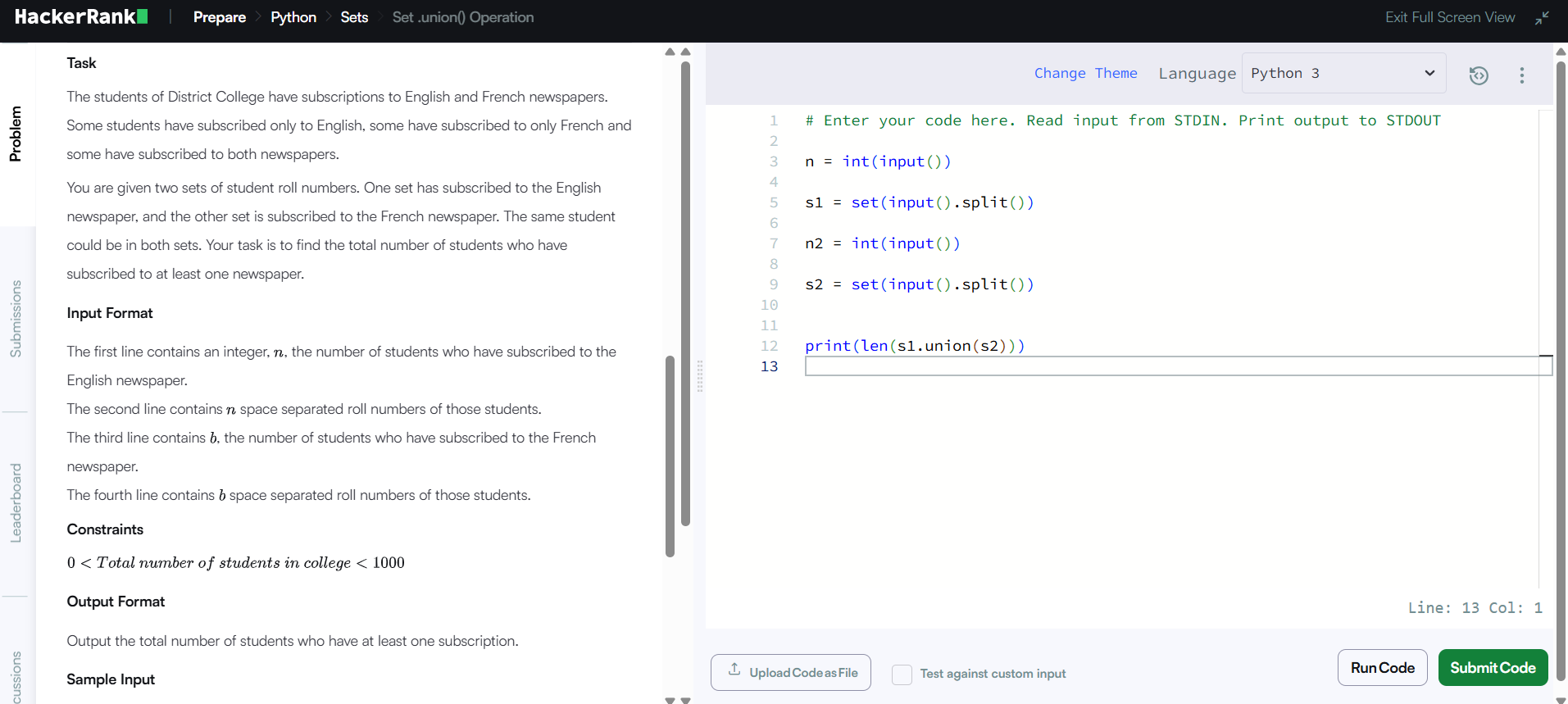 HackerRank Set Union Python Solution code