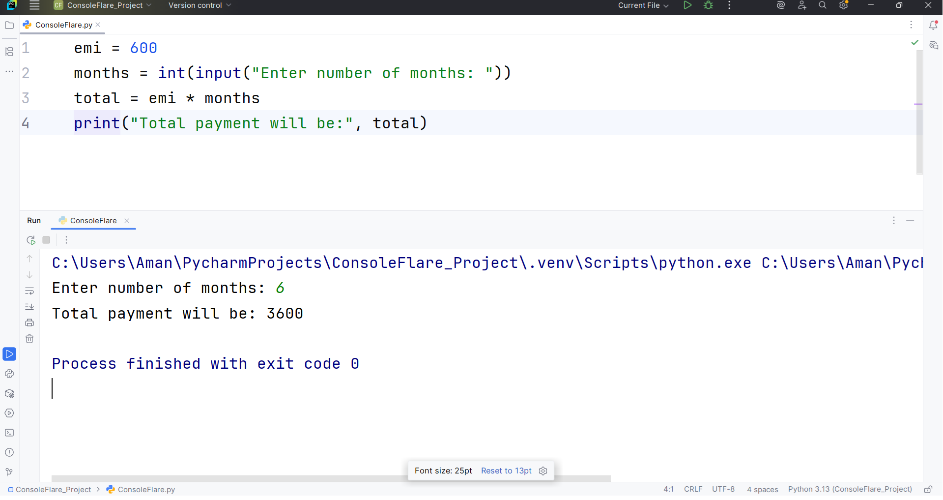 Python run code example showing program output in console.
