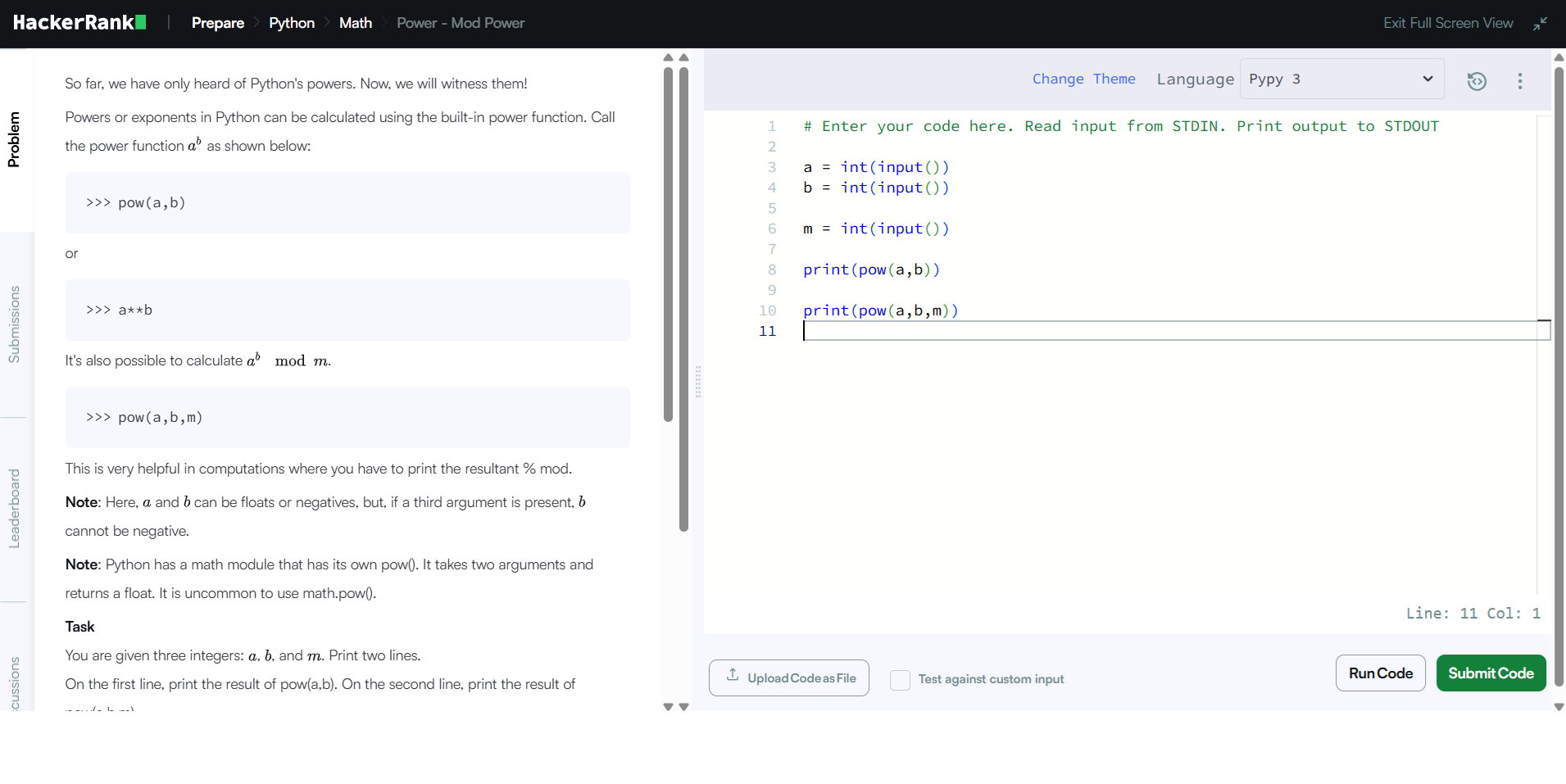 Python solution for the HackerRank Power Function challenge shown in code editor