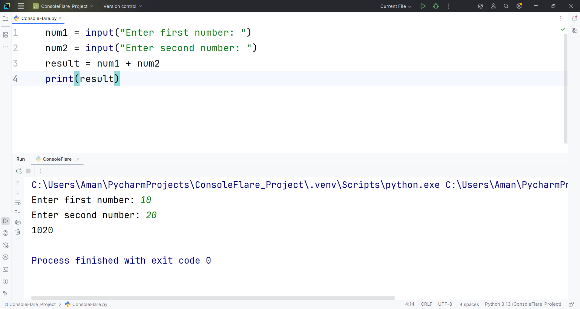 Python run code example showing program output in console.