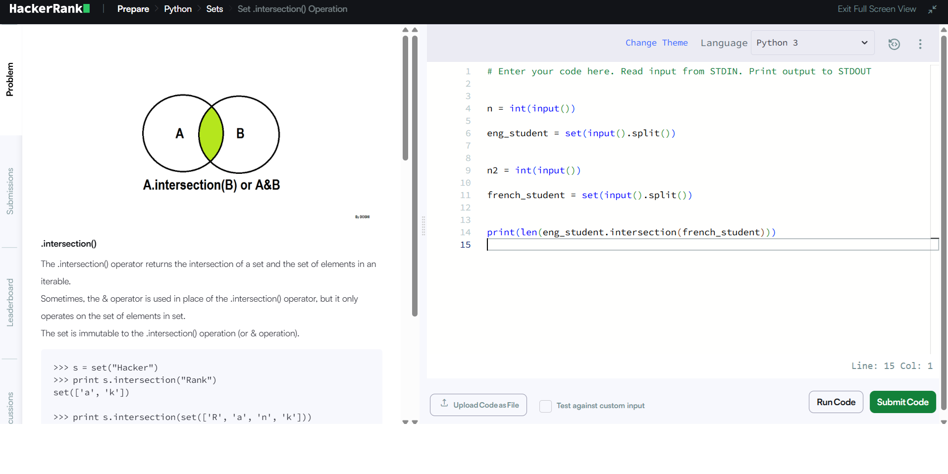 Python example of the HackerRank Set .intersection() Operation problem. Output Example