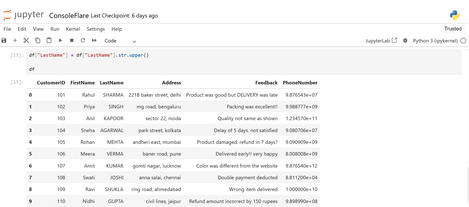 Convert last name to uppercase Using String Pandas Functions
