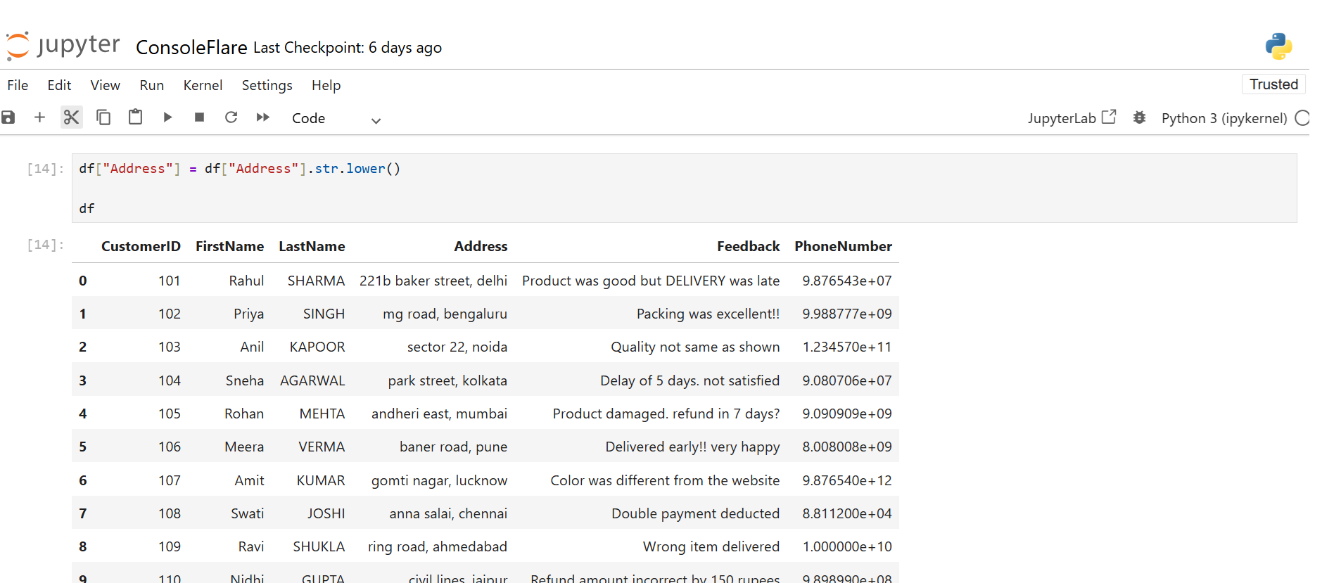 Address in lowercase Using String Pandas Functions