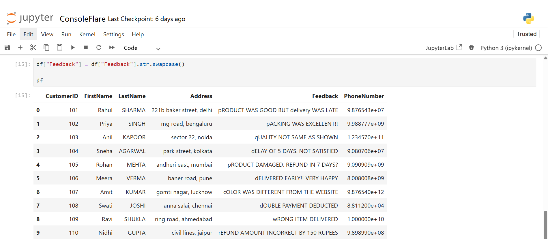 Change Feedback Case Using Pandas String Functions