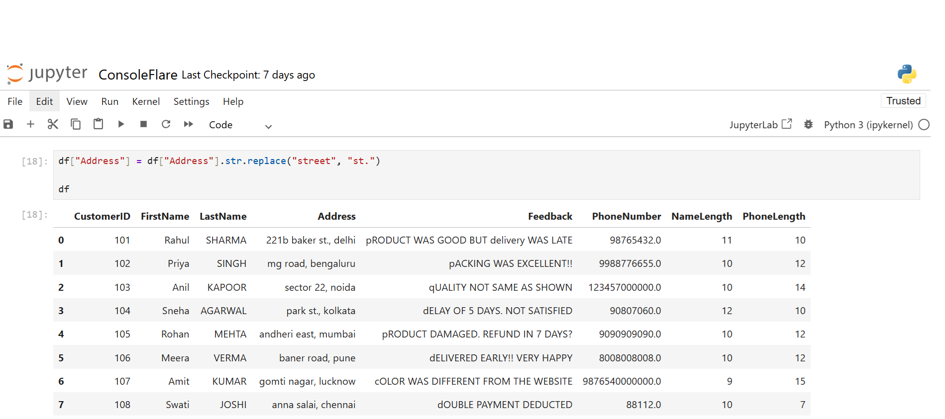 Replace Text Using replace() Using String Pandas Functions