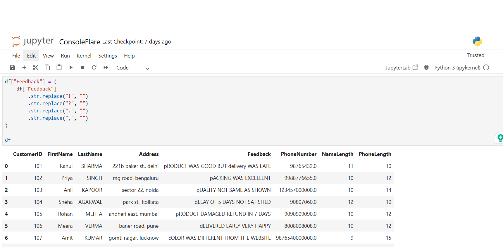 Remove Punctuation From Feedback Using Pandas String Functions