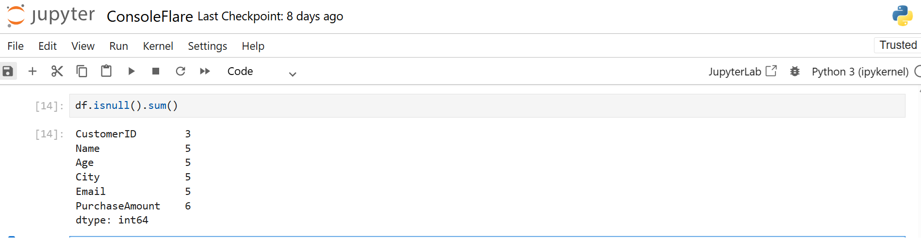 To get the total number of missing values in each column in Data Cleaning in Pandas, run: