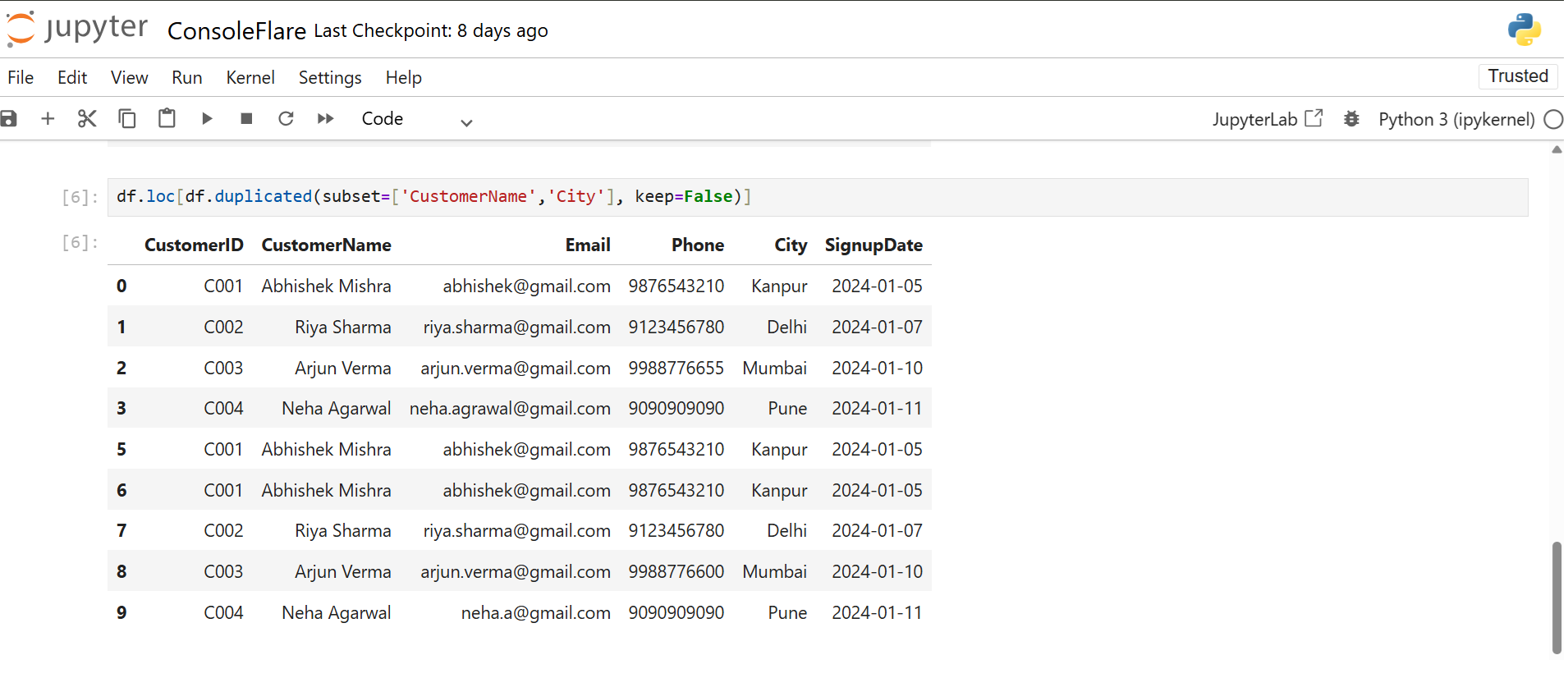 Check Duplicates by CustomerName and City in Data Cleaning in Pandas